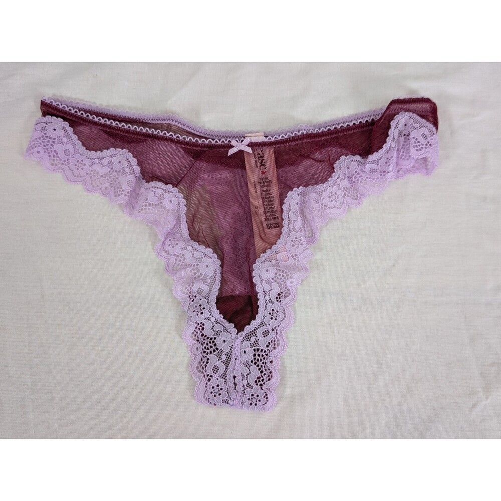Victoria's Secret Tease Lace Thong Panty Lavender Burgundy Small New S NWT